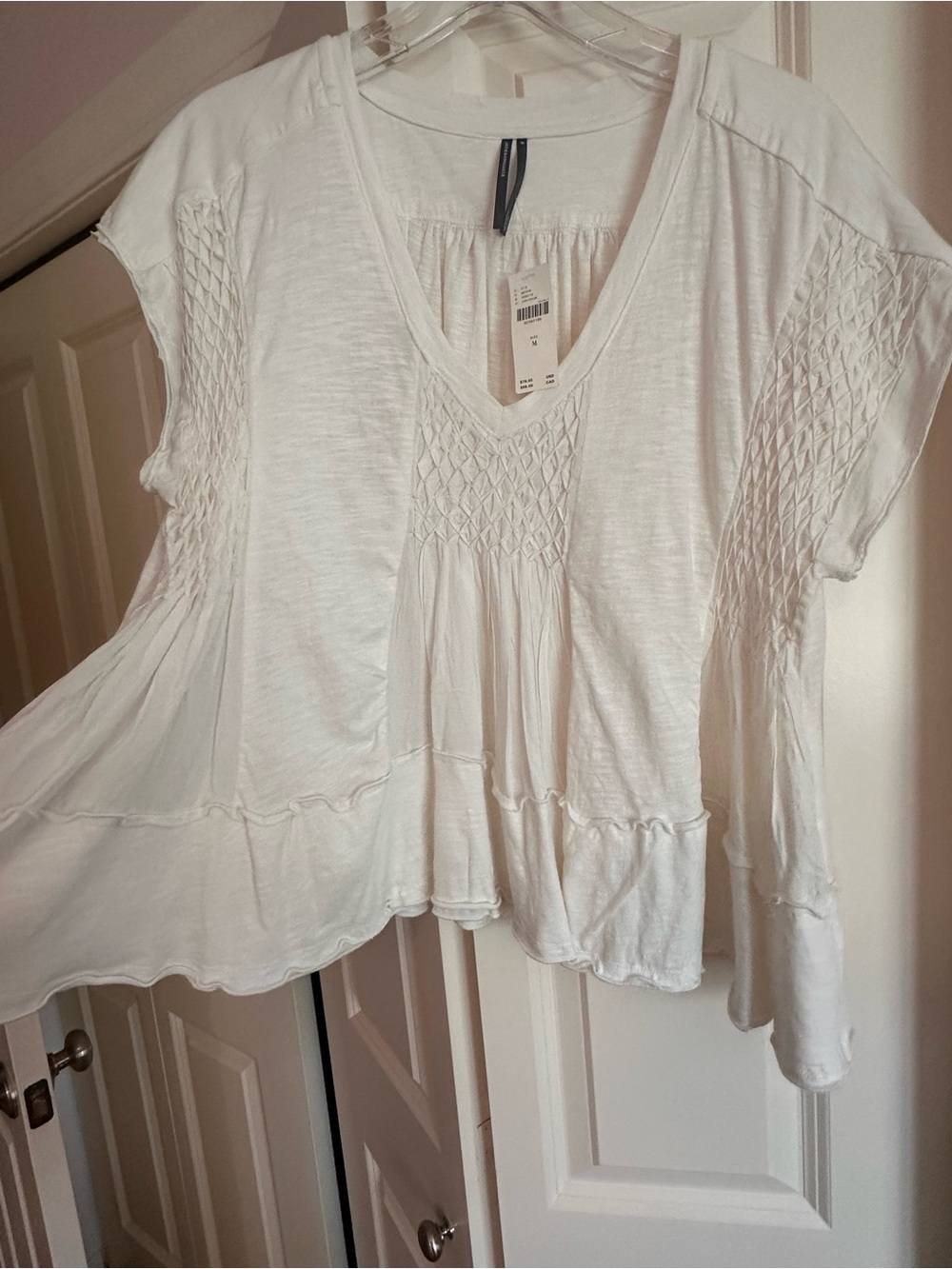 Anthropologie Women's White V-Neck Smocked Peasant Top - Picture 2 of 3